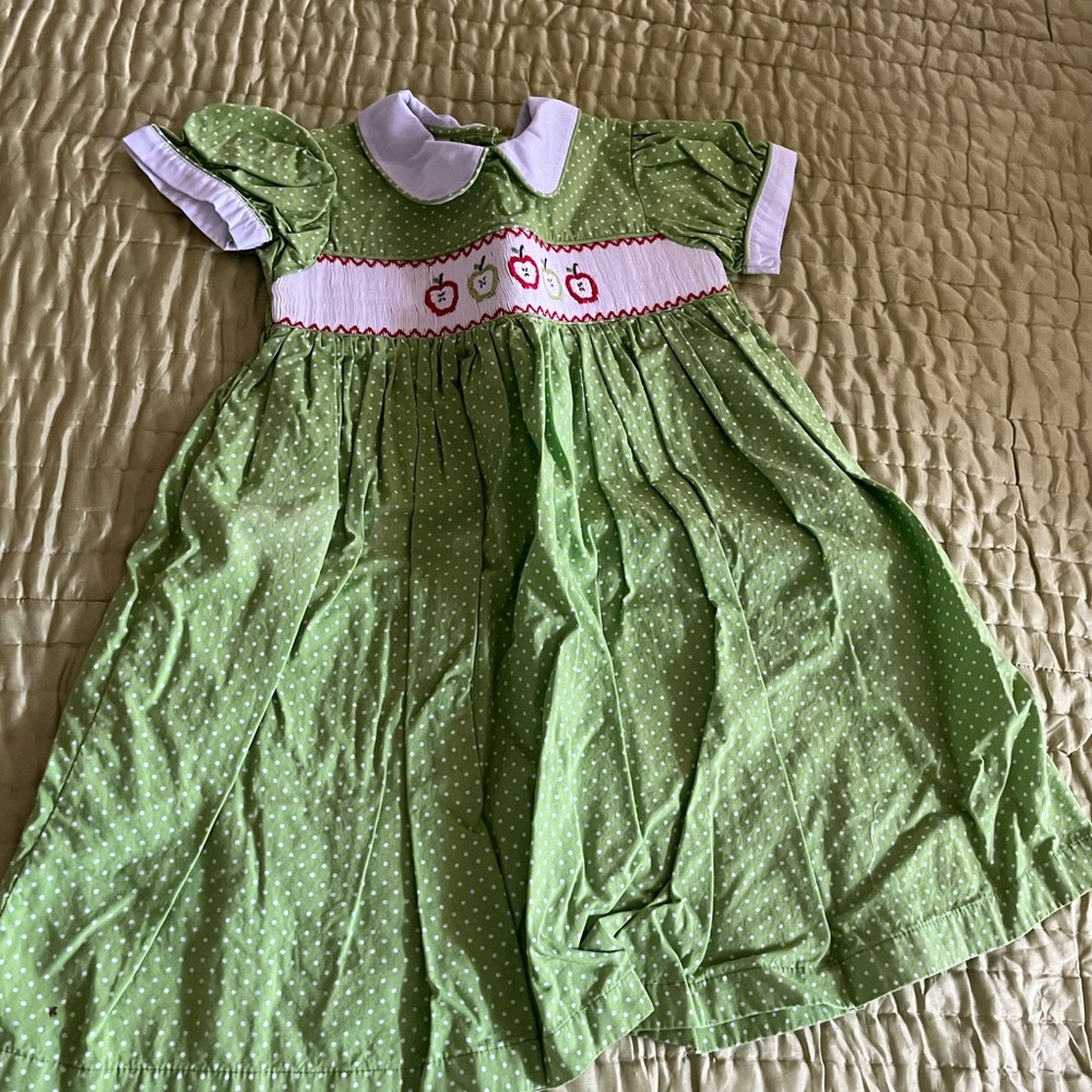 Green Smocked Polka Dot Dress with Apple Embroidery